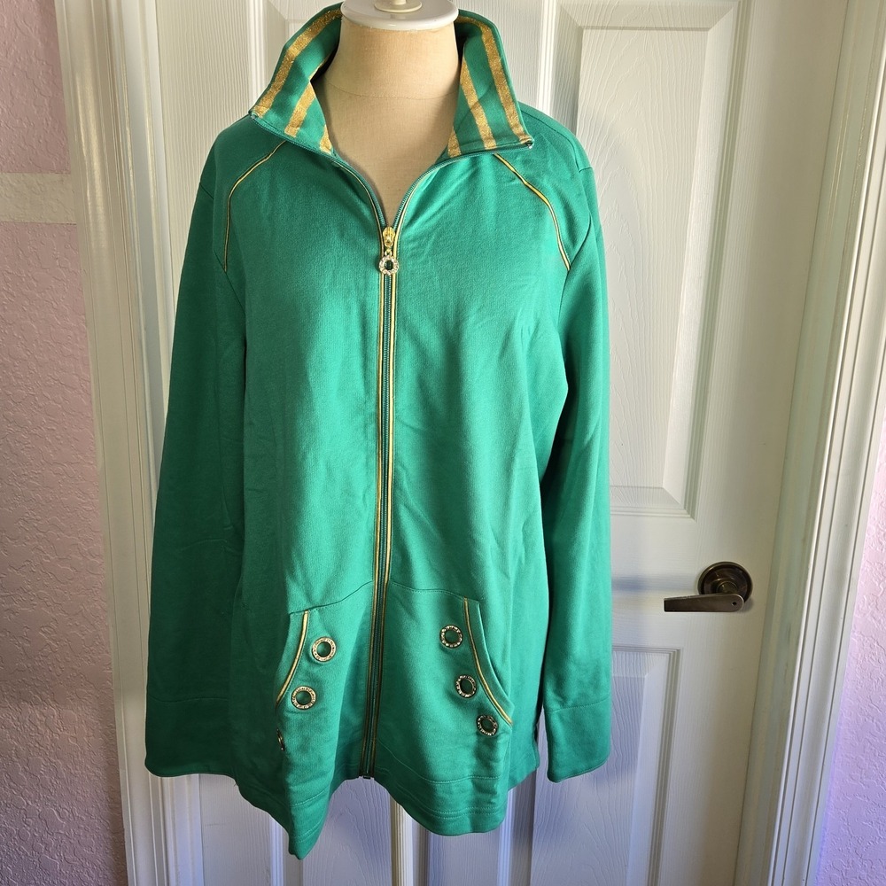 Quacker Factory Track Jacket Women Size L Green Rhinestone Bling Gold Zip-Up